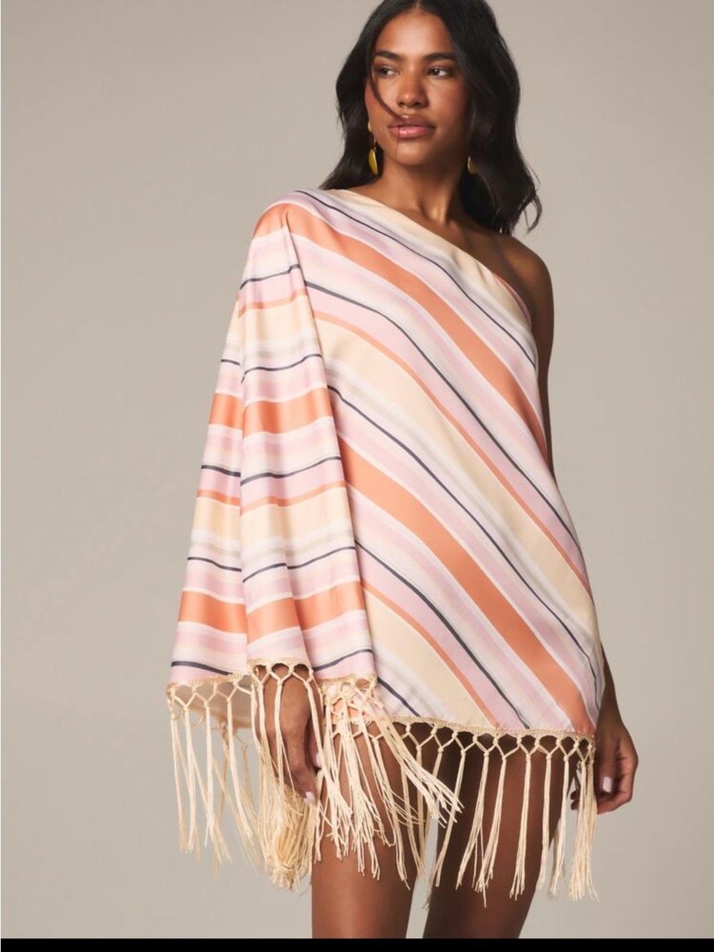 Striped Peach & Cream One-Shoulder Fringe Poncho
